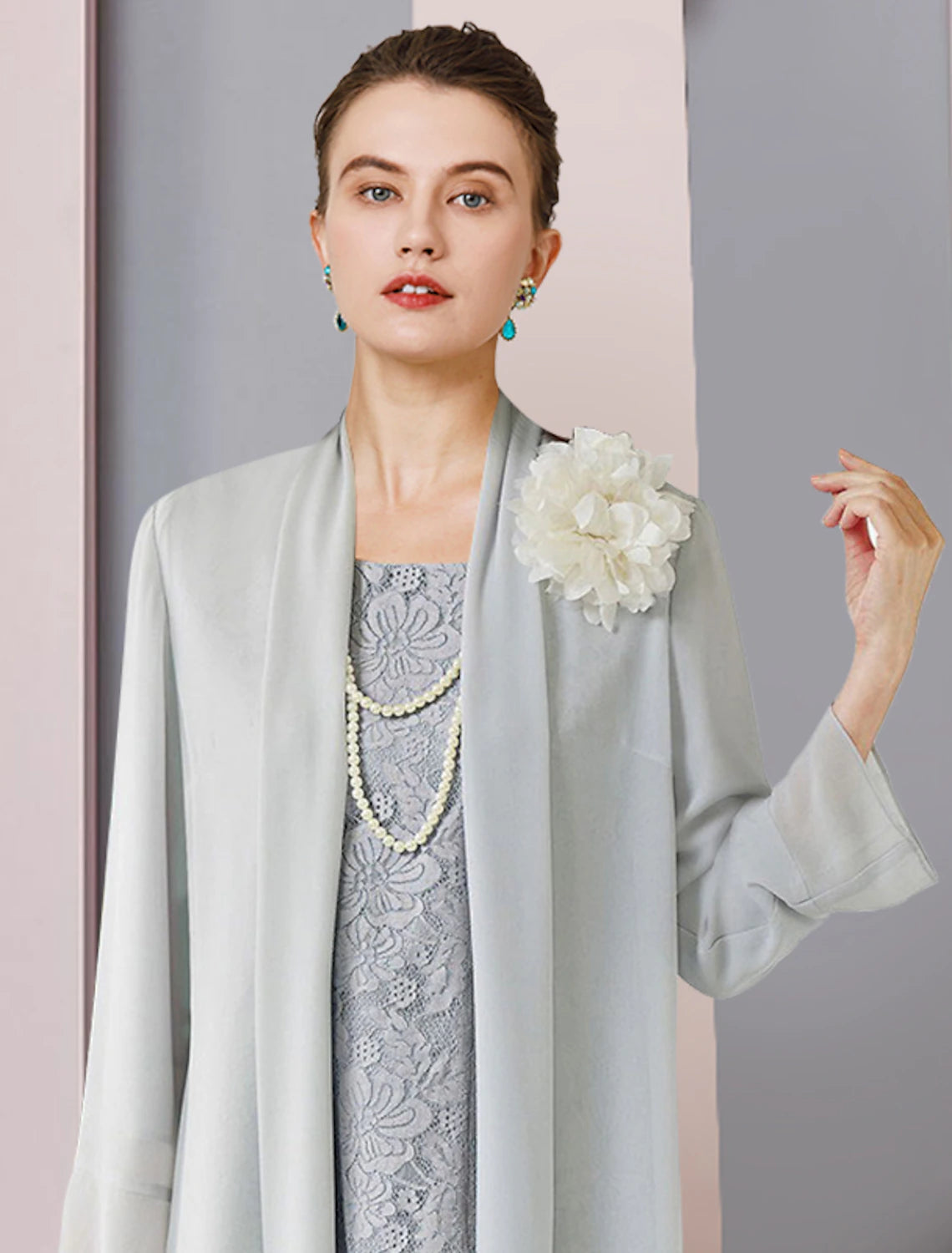 Two Piece Sheath / Column Mother of the Bride Dress Formal Wedding Guest Vintage Elegant Scoop Neck Tea Length Chiffon Lace 3/4 Length Sleeve Jacket Dresses with Flower