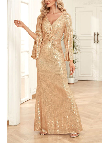 Mermaid / Trumpet Mother of the Bride Dress Wedding Guest Party Sparkle & Shine Scoop Neck V Neck Floor Length Sequined 3/4 Length Sleeve with Ruching Solid Color