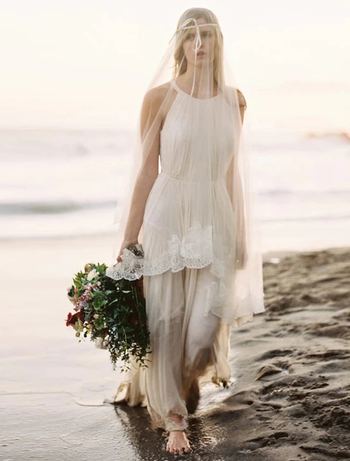 Beach Open Back Boho Wedding Dresses A-Line Halter Sleeveless Sweep / Brush Train Chiffon Bridal Gowns With Solid Color