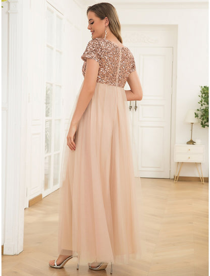 A-Line Party Dresses Maternity Dress Party Wear Wedding Guest Ankle Length Short Sleeve Jewel Neck Tulle with Sequin