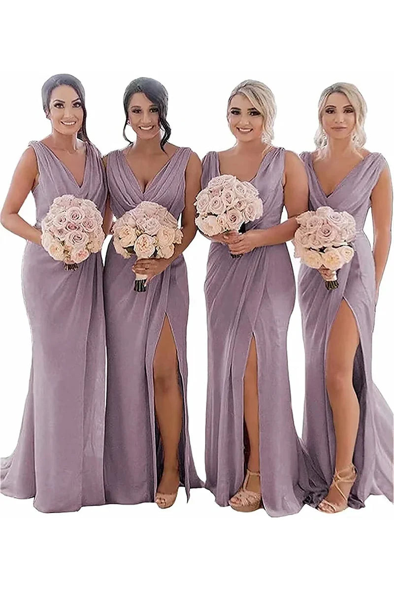 Bridesmaid Dress Sheath Chiffon Ruched Long with Slit