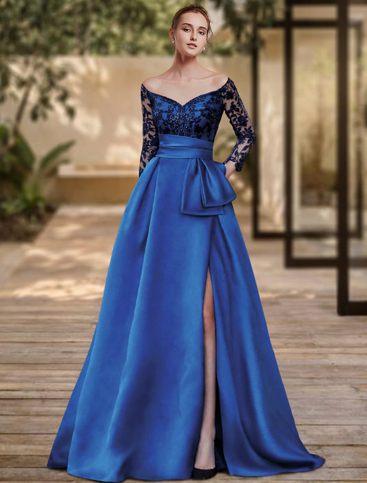 Sheath / Column Evening Gown High Split Dress Formal Wedding Guest Sweep / Brush Train 3/4 Length Sleeve Off Shoulder Charmeuse with Bow(s) Sequin Slit