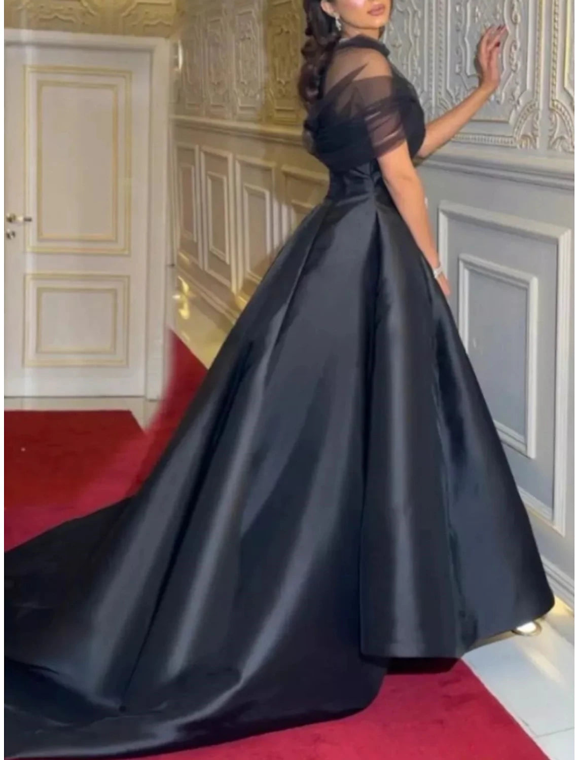 A-Line Evening Gown Elegant Dress Black Dress Formal Court Train Short Sleeve Illusion Neck Satin with Pleats