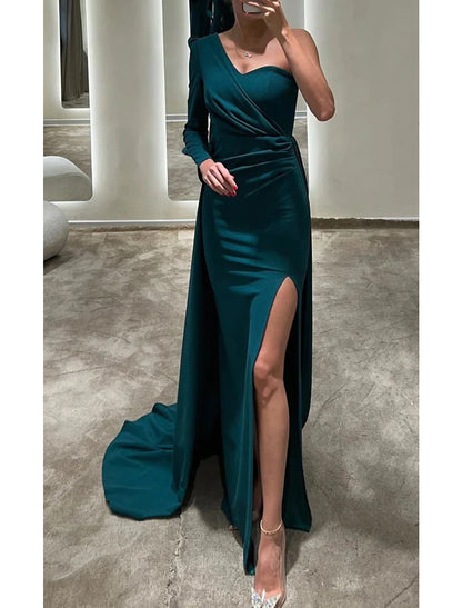 Mermaid / Trumpet Evening Gown Elegant Dress Formal Christmas Floor Length Long Sleeve One Shoulder Fall Wedding Guest Stretch Fabric with Ruched Slit