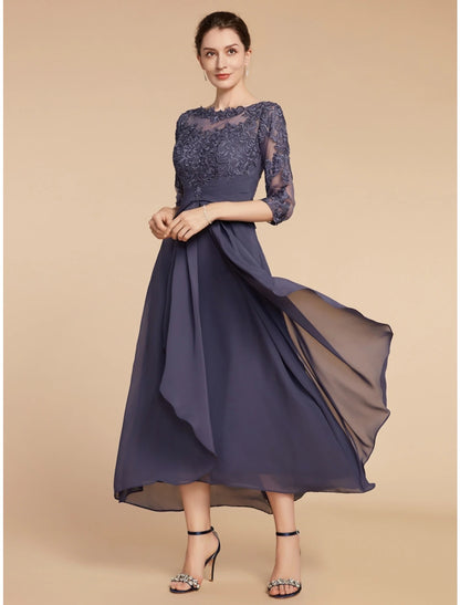 A-Line Mother of the Bride Dress Wedding Guest Elegant Scoop Neck Ankle Length Chiffon Lace 3/4 Length Sleeve with Ruching Solid Color