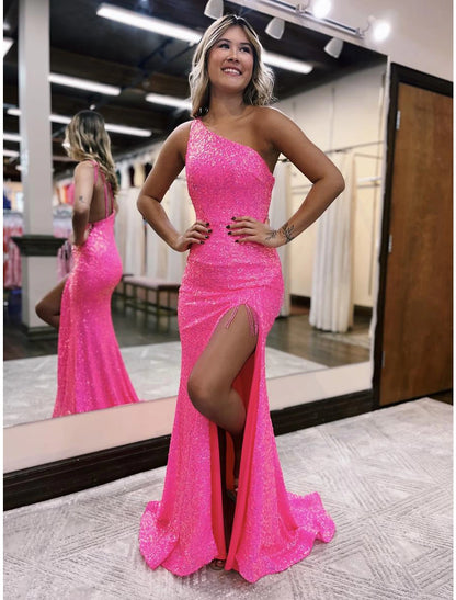 Mermaid / Trumpet Prom Dresses Sparkle & Shine Dress Formal Wedding Party Sweep / Brush Train Sleeveless One Shoulder Sequined Backless with Sequin Slit