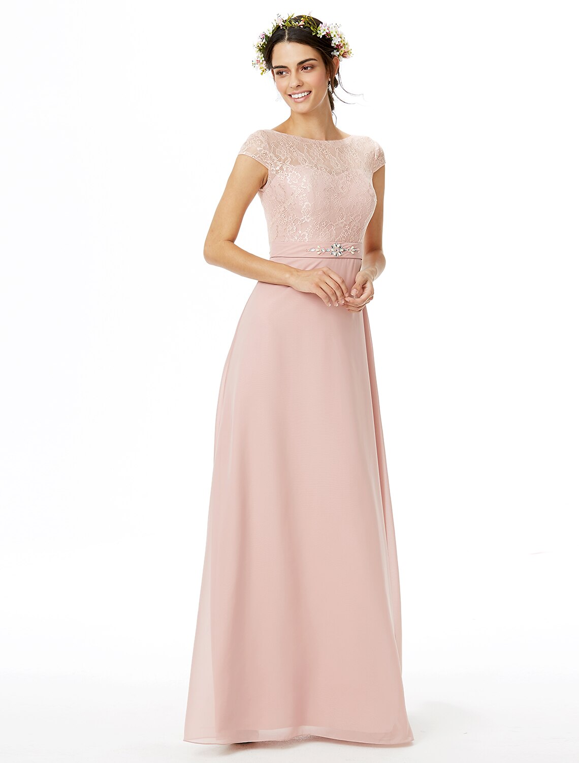 Sheath / Column Bridesmaid Dress Bateau Neck Short Sleeve Elegant Floor Length Chiffon / Lace with Lace / Sash / Ribbon / Bow(s)