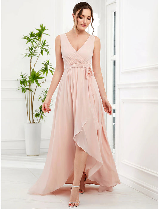 A-Line Wedding Guest Dresses Elegant Dress Party Wear Wedding Party Asymmetrical Sleeveless Spaghetti Strap Bridesmaid Dress Chiffon with Ruffles Slit