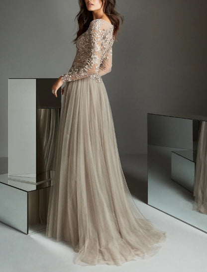 A-Line Elegant Wedding Guest Formal Evening Dress Illusion Neck Long Sleeve Sweep / Brush Train Lace with Pleats Appliques