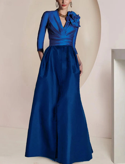 Wedding Guest Elegant Vintage Party Jewel Neck V Neck Floor Length Chiffon 3/4 Length Sleeve Half Sleeve with Ruched Draping Split Front Mother of the Bride Dress