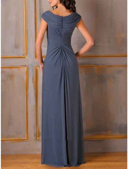 A-Line Evening Gown Party Dress Elegant Dress Formal Fall Floor Length Short Sleeve Scoop Neck Chiffon with Pleats Ruched Appliques