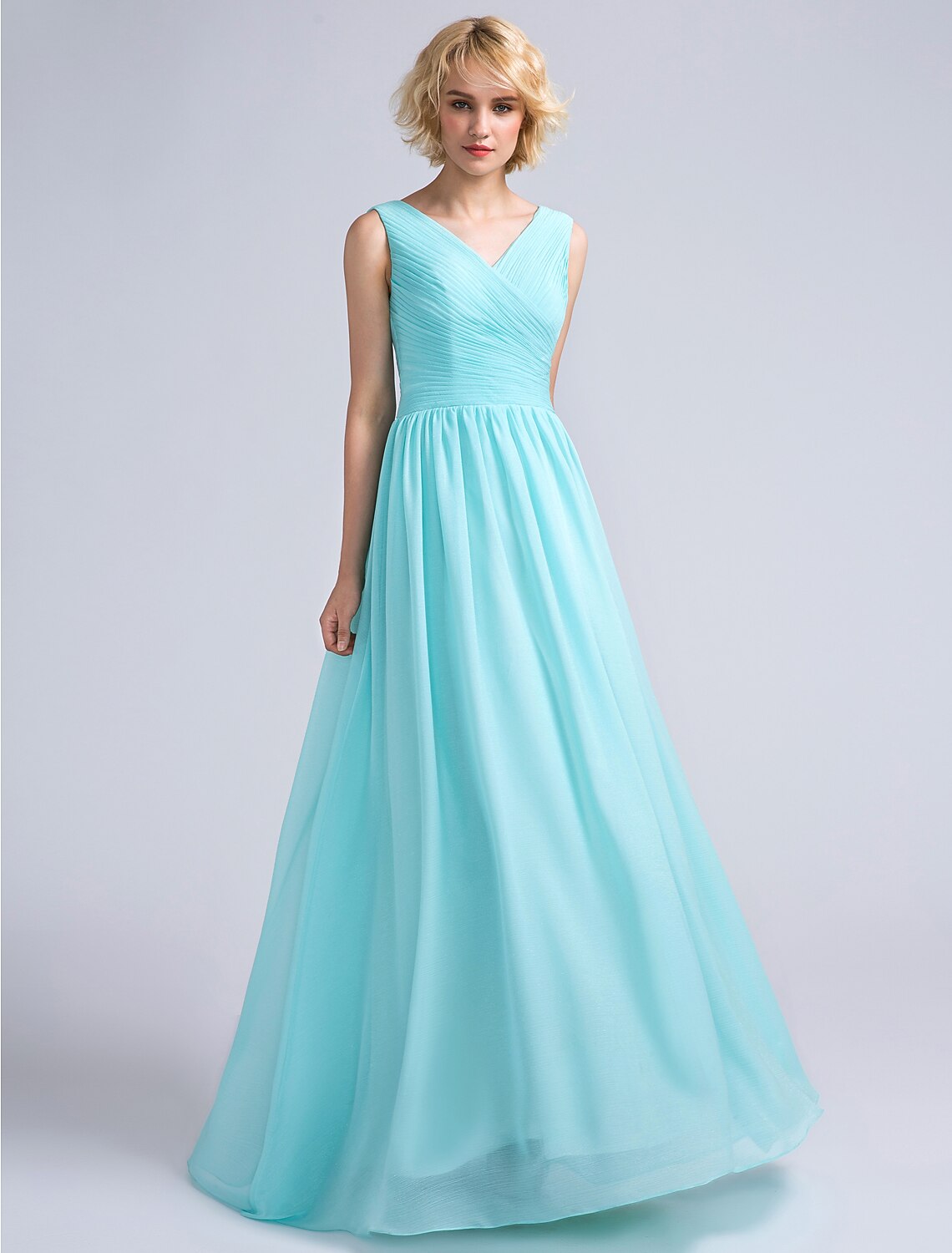 A-Line Bridesmaid Dress V Neck Sleeveless Open Back Floor Length Chiffon with Criss Cross