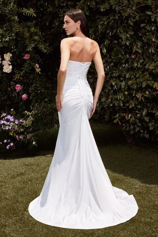 Wedding Dress November December Wedding Stretch Spandex Satin Lace-up Corset Back Closure Strapless Pointed V-Neckline Gathered Waistline Leg Slit Dress
