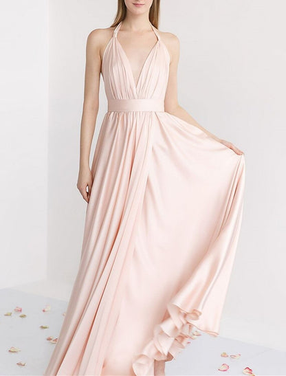 A-Line Bridesmaid Dress Halter Sleeveless Pink Floor Length Stretch Satin with Ruching / Solid Color