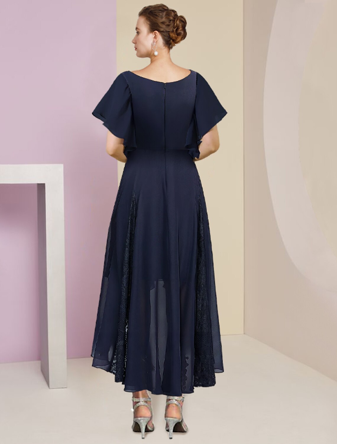 A-Line Mother of the Bride Dress Formal Wedding Guest Elegant V Neck Ankle Length Chiffon Lace Short Sleeve with Pleats Crystal Brooch