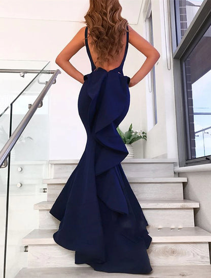 Mermaid / Trumpet Evening Gown Open Back Dress Formal Wedding Guest Court Train Sleeveless V Neck Stretch Fabric with Bow(s) Ruffles