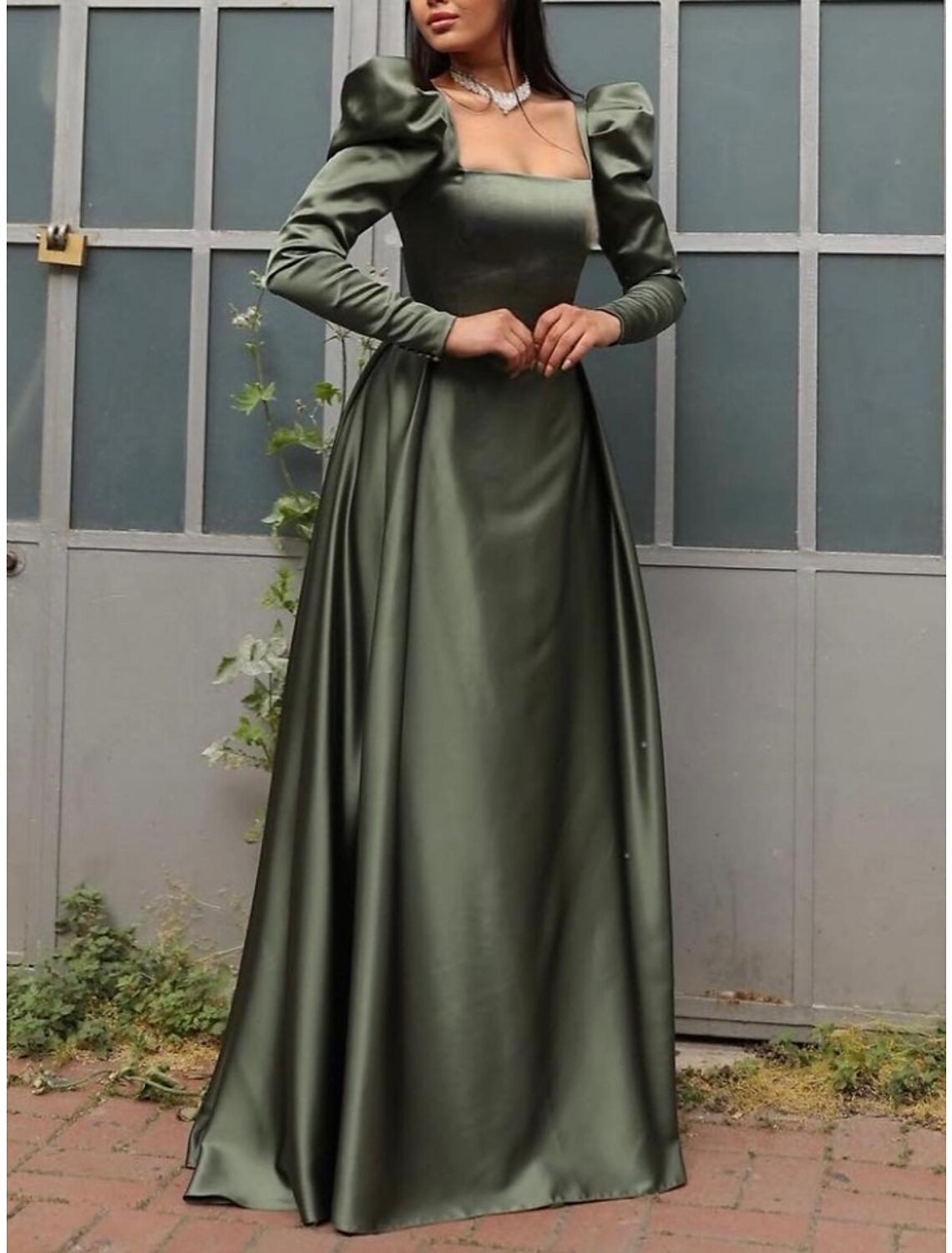 A-Line Evening Gown Elegant Dress Formal Christmas Red Green Dress Sweep / Brush Train Long Sleeve Square Neck Satin with Pleats Ruched