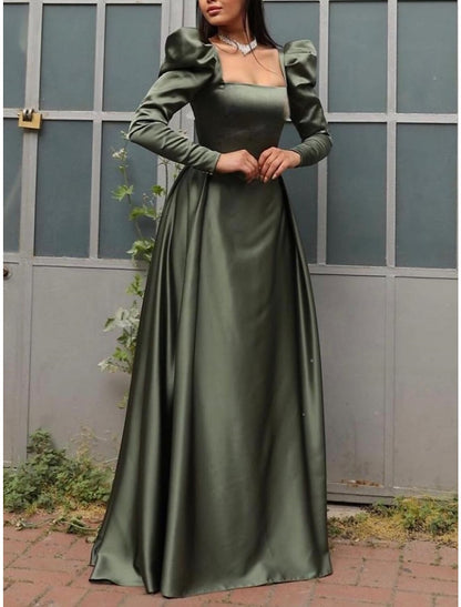 A-Line Evening Gown Elegant Dress Formal Christmas Red Green Dress Sweep / Brush Train Long Sleeve Square Neck Satin with Pleats Ruched