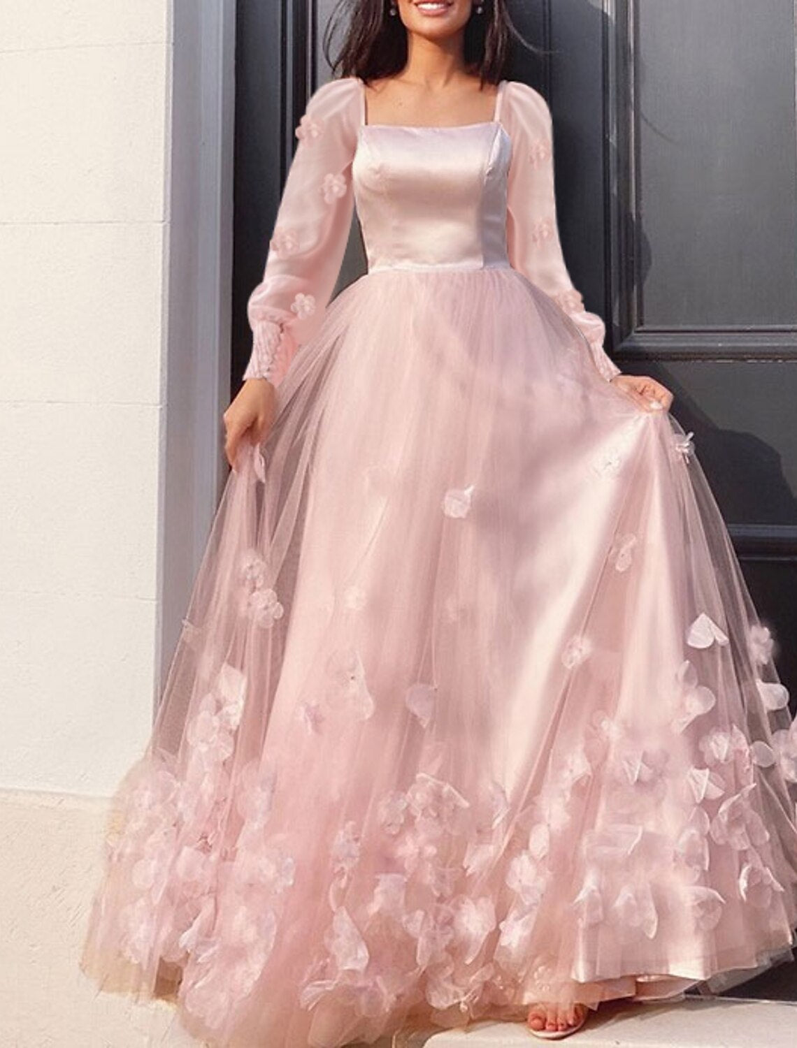 A-Line Prom Dresses Maxi Dress Wedding Guest Sweet 16 Floor Length Long Sleeve Scoop Neck Tulle with Appliques Butterfly