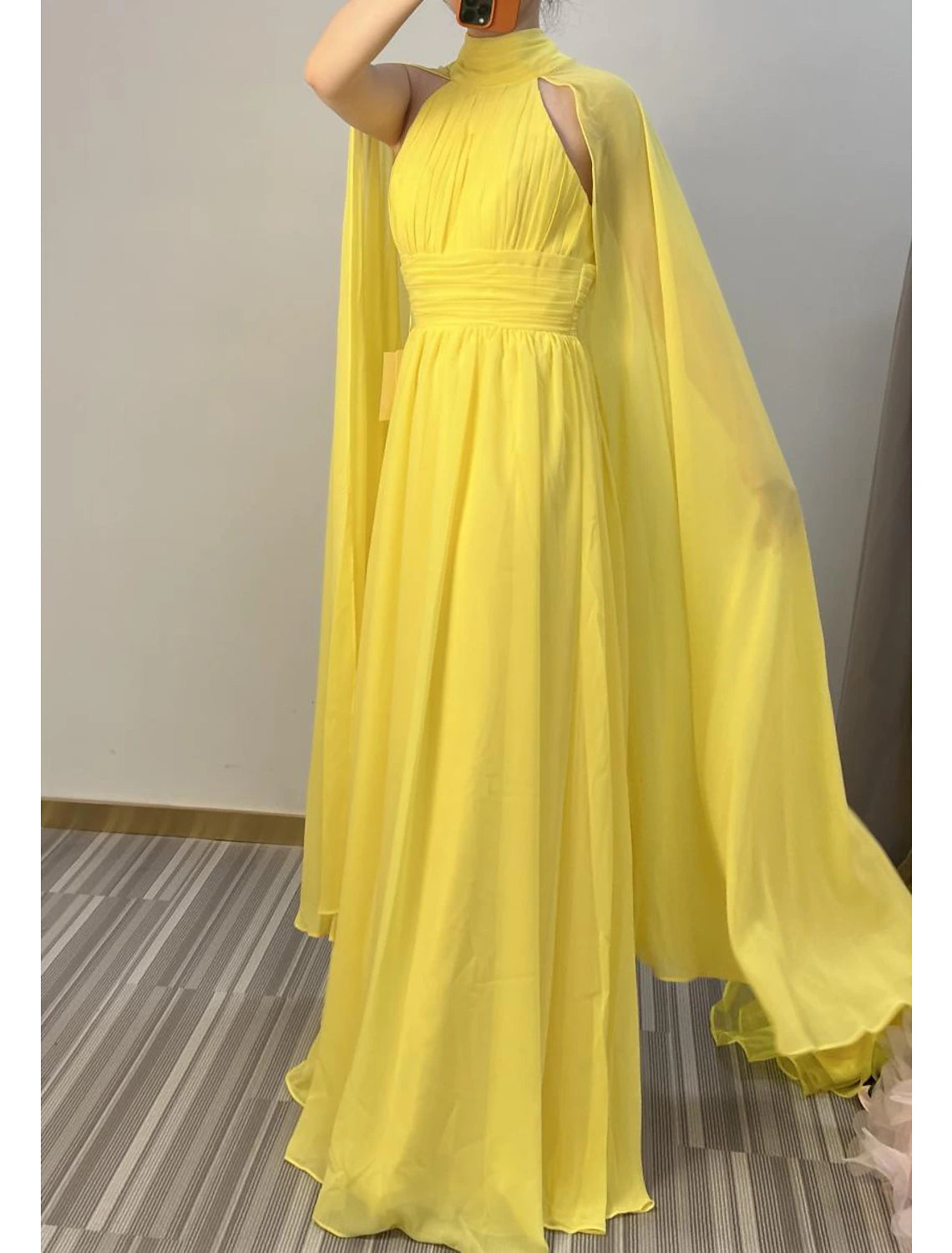 A-Line Evening Gown Maxi Dress Formal Wedding Guest Floor Length Sleeveless High Neck Capes Chiffon with Ruched