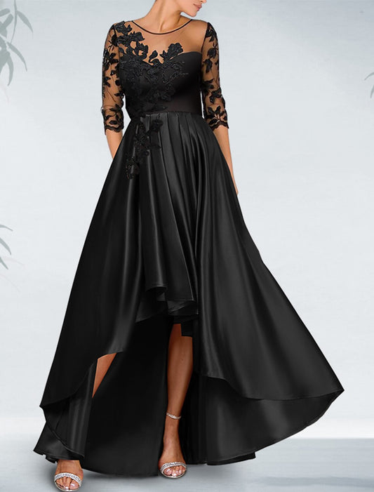 Sheath / Column Cocktail Black Dress Plus Size Luxurious Dress Formal Wedding Guest Asymmetrical 3/4 Length Sleeve Off Shoulder Pocket Satin with Beading Appliques