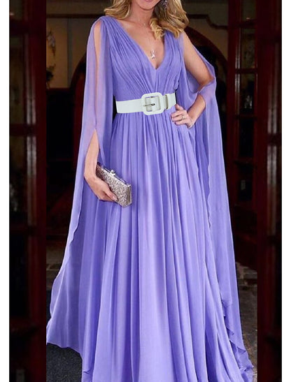 A-Line Wedding Guest Dresses Maxi Dress Wedding Party Dress Black Tie Floor Length Long Sleeve V Neck Fall Wedding Guest Chiffon with Belt