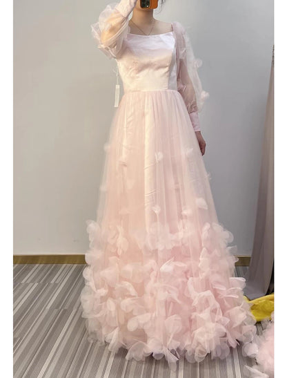 A-Line Prom Dresses Maxi Dress Wedding Guest Sweet 16 Floor Length Long Sleeve Scoop Neck Tulle with Appliques Butterfly