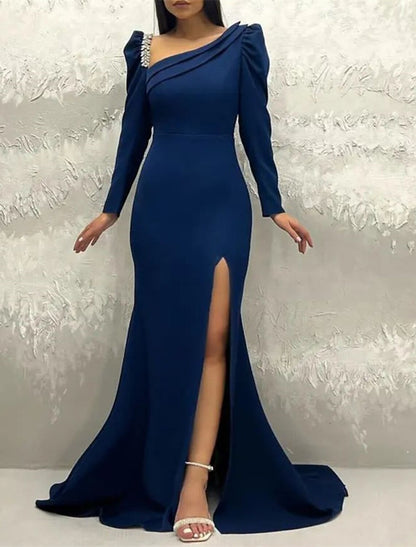 Mermaid / Trumpet Evening Gown Elegant Dress Christmas Court Train Long Sleeve V Neck Stretch Fabric with Rhinestone Ruched