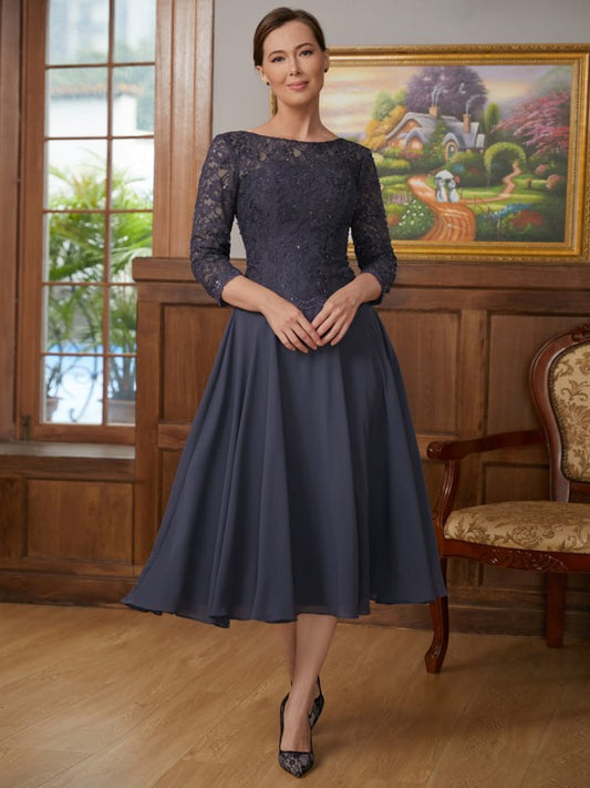 Mother of the Bride Dresses A-Line Princess Chiffon Lace 3/4 Sleeves Tea-Length