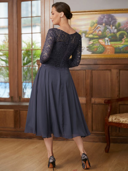 Mother of the Bride Dresses A-Line Princess Chiffon Lace 3/4 Sleeves Tea-Length