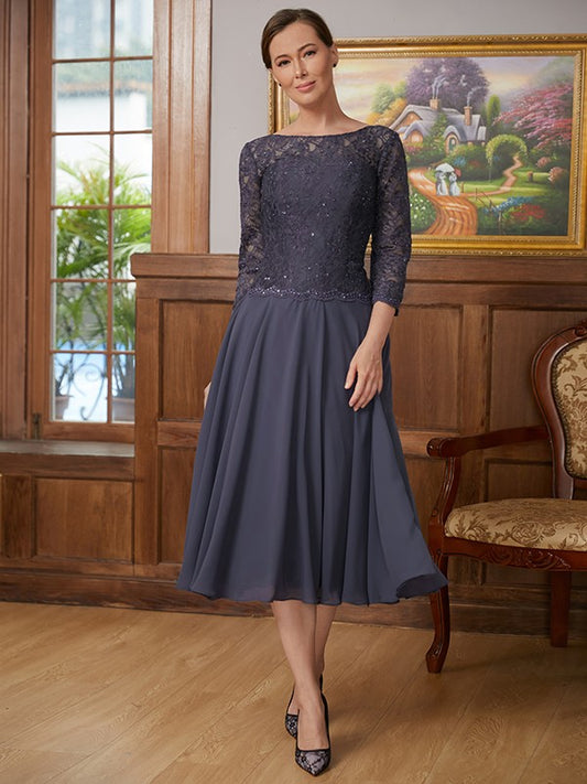 Mother of the Bride Dresses A-Line Princess Chiffon Lace 3/4 Sleeves Tea-Length