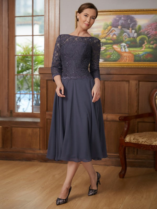 Mother of the Bride Dresses A-Line Princess Chiffon Lace 3/4 Sleeves Tea-Length