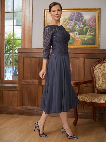 A-Line/Princess Chiffon Lace Scoop 3/4 Sleeves Tea-Length Mother of the Bride Dresses