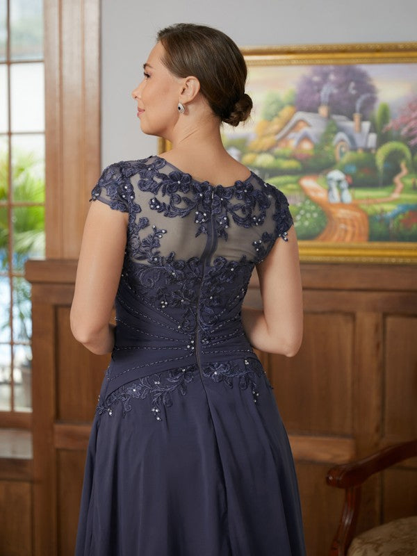 A-Line/Princess Chiffon Applique Scoop Short Sleeves Asymmetrical Mother of the Bride Dresses