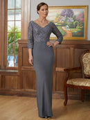 Mother of the Bride Dresses Sheath Column Jersey Lace V-neck 3/4 Sleeves Floor-Length