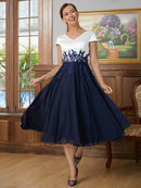 A-Line/Princess Chiffon Applique V-neck Short Sleeves Tea-Length Mother of the Bride Dresses