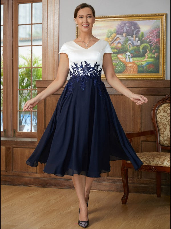 A-Line/Princess Chiffon Applique V-neck Short Sleeves Tea-Length Mother of the Bride Dresses