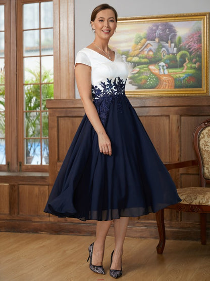 A-Line/Princess Chiffon Applique V-neck Short Sleeves Tea-Length Mother of the Bride Dresses