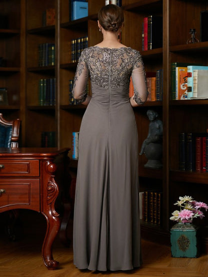 A-Line/Princess Chiffon Applique Scoop 3/4 Sleeves Floor-Length Mother of the Bride Dresses