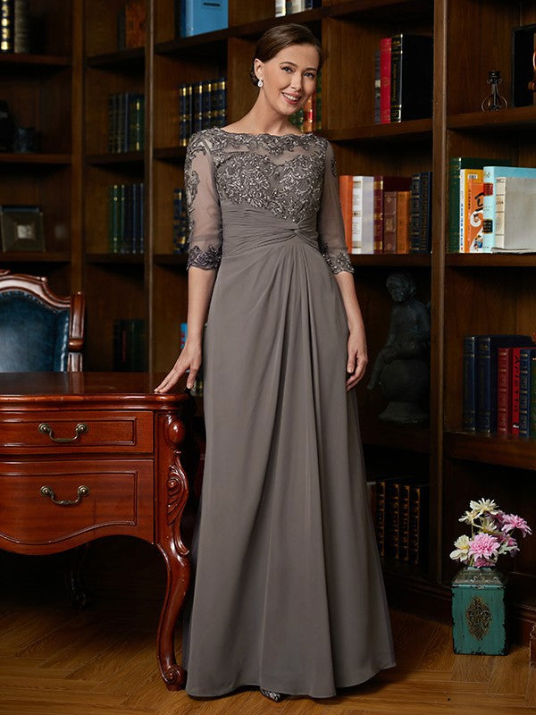 Mother of the Bride Dresses A-Line Princess Chiffon Applique Scoop 3/4 Sleeves Floor-Length