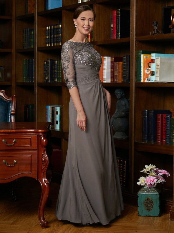 Mother of the Bride Dresses A-Line Princess Chiffon Applique Scoop 3/4 Sleeves Floor-Length