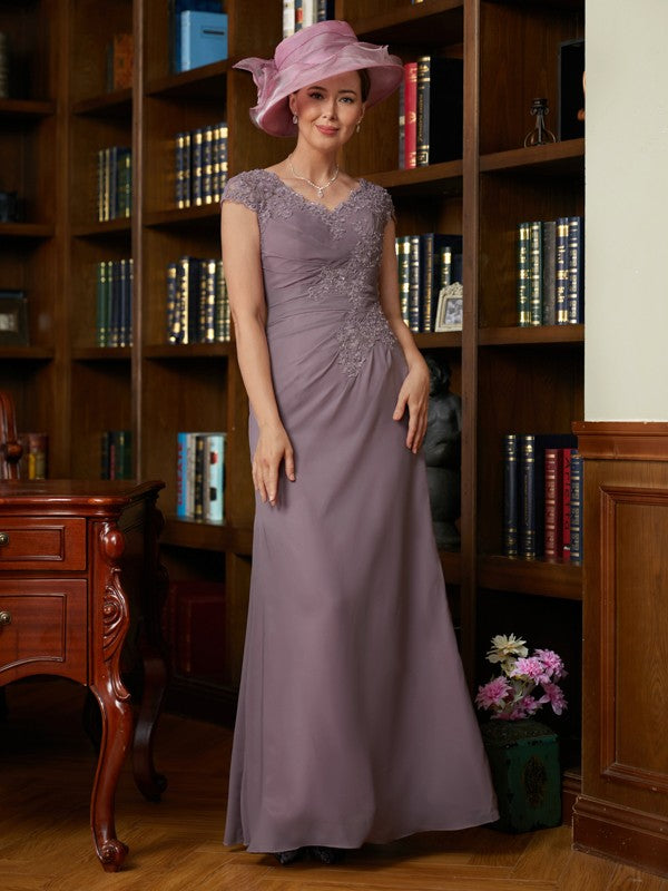 Mother of the Bride Dresses Sheath/Column Chiffon Lace V neck Short Sleeves Floor-Length