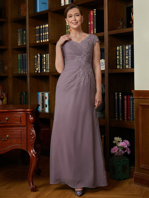 Mother of the Bride Dresses Sheath/Column Chiffon Lace V neck Short Sleeves Floor-Length