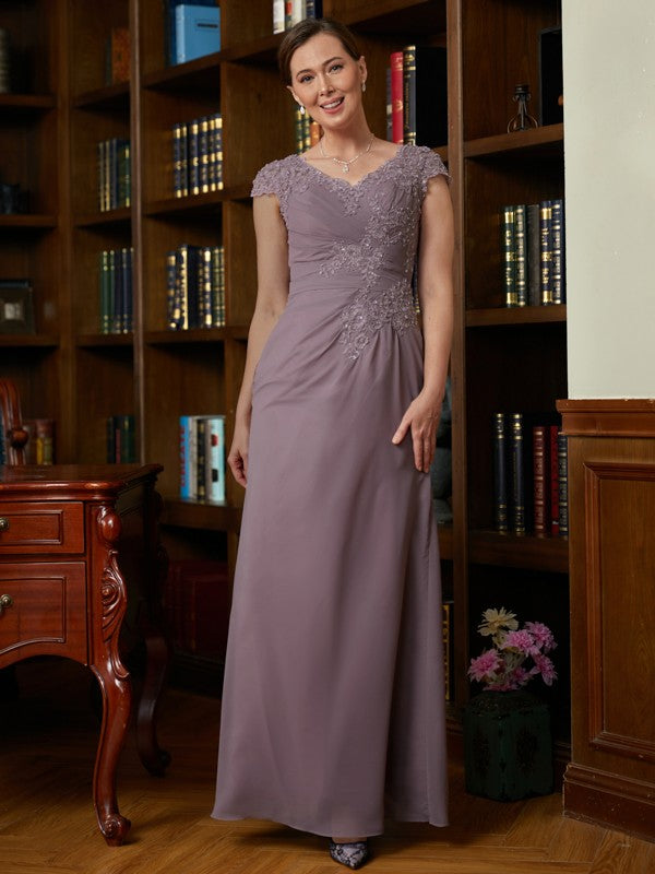 Mother of the Bride Dresses Sheath/Column Chiffon Lace V neck Short Sleeves Floor-Length