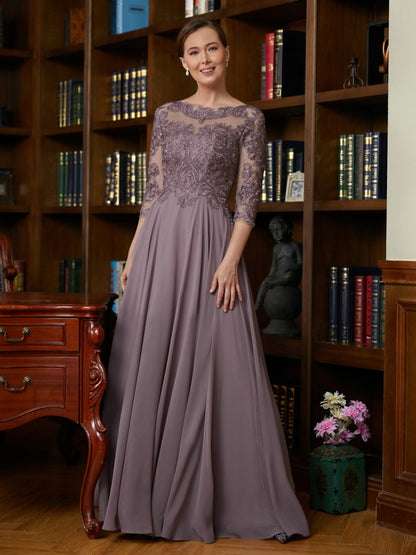 Mother of the Bride Dresses A-Line/Princess Chiffon Lace 3/4 Sleeves Floor-Length