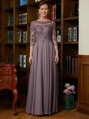 A-Line/Princess Chiffon Lace Scoop 3/4 Sleeves Floor-Length Mother of the Bride Dresses