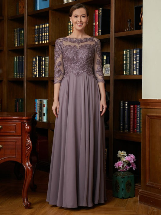 Mother of the Bride Dresses A-Line/Princess Chiffon Lace 3/4 Sleeves Floor-Length