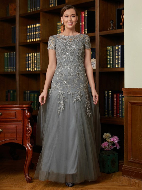 A-Line/Princess Tulle Lace Scoop Short Sleeves Floor-Length Mother of the Bride Dresses