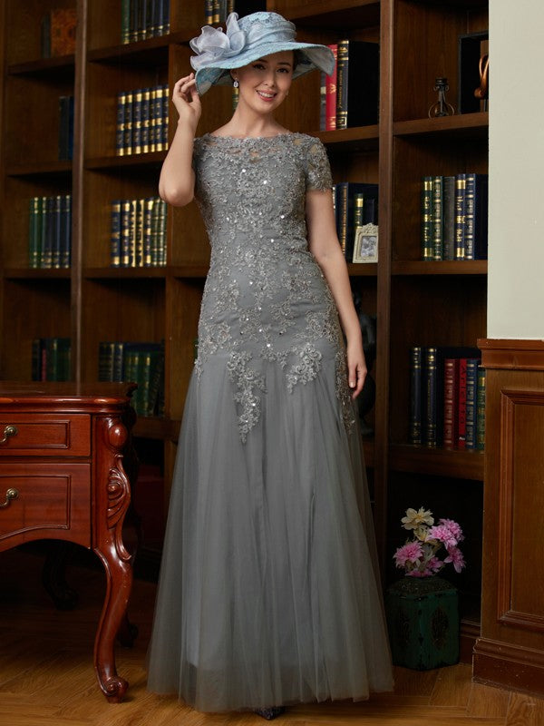 Mother of the Bride Dresses A-Line Princess Tulle Lace Short Sleeves Floor-Length