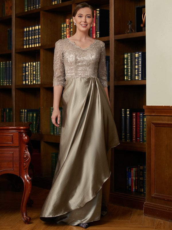 A-Line/Princess Silk Like Satin Lace V-neck 3/4 Sleeves Sweep/Brush Train Mother of the Bride Dresses